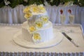 Wedding cake with yellow orchid flowers Royalty Free Stock Photo