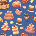 Wedding cakes seamless pattern of sweet baked vector isolated cakes. Strawberry cake for holiday, chocolate cake for Royalty Free Stock Photo