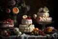 wedding cakes on the table, baroque, gourmet photography with flowers