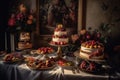 wedding cakes on the table, baroque, gourmet photography with flowers