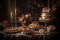 wedding cakes on the table, baroque, gourmet photography with flowers