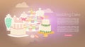 Wedding cakes with white icing decorated with cream rose, bridal cupcakes and sweets web shop vector illustration.