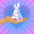 Wedding cakes with white icing decorated with cream rose, bridal couple of doves poster vector illustration.