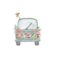 Wedding car decorated with flowers and Just Married inscription watercolor illustration of vintage old-fashionable car for cards, Royalty Free Stock Photo