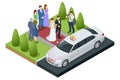 Wedding car decoration. Isometric limousine in a wedding day. The bride and groom near the wedding limousine. Royalty Free Stock Photo