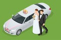 Wedding car decoration. Isometric limousine in a wedding day. The bride and groom near the wedding limousine. Royalty Free Stock Photo