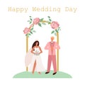 Wedding card with the bride and groom in the arch with flowers