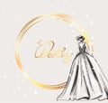 Wedding card bride silhouette Vector line art. Golden frame. Beautiful long dress . Template for design cards Royalty Free Stock Photo