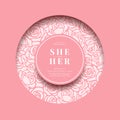 Wedding card circle groove frame with pink abstract rose texture and text in center circle vector design