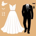 Wedding card with the clothes of the bride and groom. Clothing.