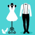 Wedding card with the clothes of the bride and groom. Wedding se