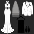 Wedding card with the clothes of the bride and groom. Wedding set. Royalty Free Stock Photo