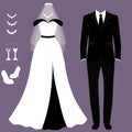 Wedding card with the clothes of the bride and groom. Wedding set. Royalty Free Stock Photo