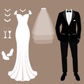 Wedding card with the clothes of the bride and groom. Wedding set. Royalty Free Stock Photo