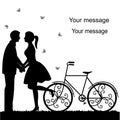 Wedding card with a decorative bicycle and newlyweds.