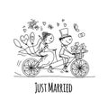 Wedding card design. Bride and groom riding on bicycle Royalty Free Stock Photo