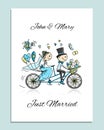 Wedding card design. Bride and groom riding on bicycle Royalty Free Stock Photo