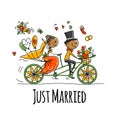 Wedding card design. Bride and groom riding on bicycle Royalty Free Stock Photo