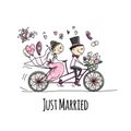 Wedding card design. Bride and groom riding on bicycle