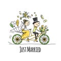 Wedding card design. Bride and groom riding on bicycle Royalty Free Stock Photo