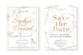 Wedding card design with golden frames and marble texture. Wedding announcement or invitation design template