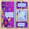 Wedding card design with purple iris flowers. Printable vector illustration Royalty Free Stock Photo