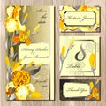 Wedding card design with yellow iris flowers. Royalty Free Stock Photo