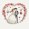 Wedding Illustration: Happy Couple Surrounded By Hearts And Wreaths