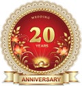 Anniversary 20th years, wedding card with rings and lilies flowers decorated ribbon. Vector illustration