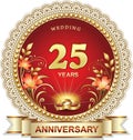 Anniversary 25th years, wedding card with rings and lilies flowers decorated ribbon. Vector illustration