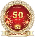 Anniversary 50th years, wedding card with rings and lilies flowers decorated with ribbon. Vector illustration