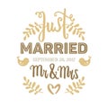 Wedding card hand drawn vector golden lettering with plants, birds and hearts. Just married, Mr & Mrs