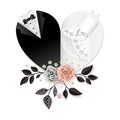 Wedding card with paper cut flowers and heart shape clothes of bride and groom Royalty Free Stock Photo