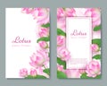 Wedding card with pink lotus. Water flower blossom greeting card. Healing garden lotuses floral background