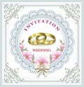 Wedding card with rings in a round lace frame Royalty Free Stock Photo