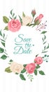 Wedding card with roses. Elegant pink and white flowers with green leaves. Save the date poster, circle botanical frame Royalty Free Stock Photo