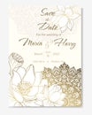 Wedding card Save the Date with gold outline lotus flowers and mandala. Luxury Background for birthday card, wedding