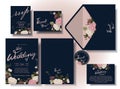 Wedding card set surrounded by flowers Drawing style: Sweet white-pink tones on a navy blue background. illustration/Vector