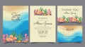 Wedding card sets, invitations. Save the date sea style design. Wash blue watercolor. Summer background. hand-drawn coral reefs