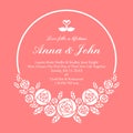 Wedding card with white circle Wreath rose flower on pink background vector design