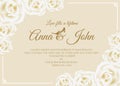 Wedding card - white rose floral frame and soft yellow cream background vector template design