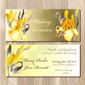 Wedding card with yellow iris bouquet background. Royalty Free Stock Photo
