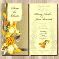 Wedding card with yellow iris bouquet background. Royalty Free Stock Photo