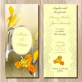 Wedding card with yellow iris bouquet background. Royalty Free Stock Photo