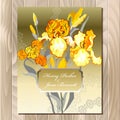 Wedding card with yellow iris flower bouquet background. Royalty Free Stock Photo