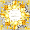 Wedding card with yellow irises wreath background.