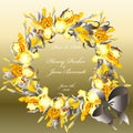 Wedding card with yellow irises wreath background. Royalty Free Stock Photo