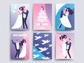 Wedding cards with cartoon characters couples, cake, doves vector template