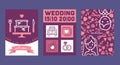 Wedding cards vector illustration. Wedding invitations. Welcome. Cake, outfits for bride and groom, engagement ring, car