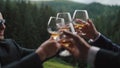 Wedding or celebration details. Men in glasses clang their glasses standing outside